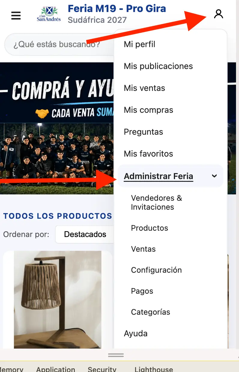 Menú de Administrar Feria señalando Vendedores & Invitaciones