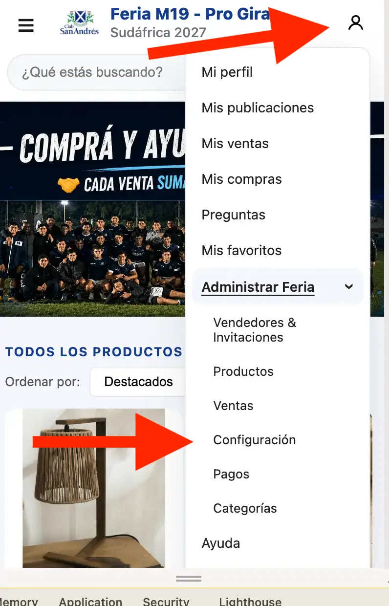 Menú de Administrar Feria señalando Configuración