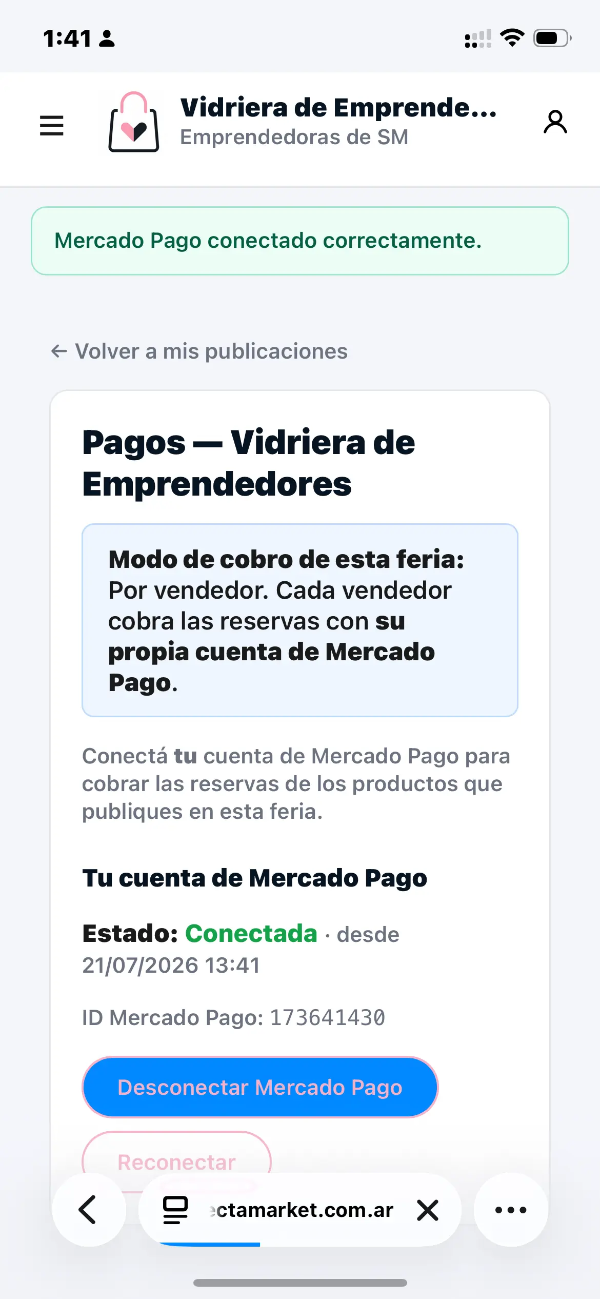 Pantalla de Mi Mercado Pago con la cuenta conectada