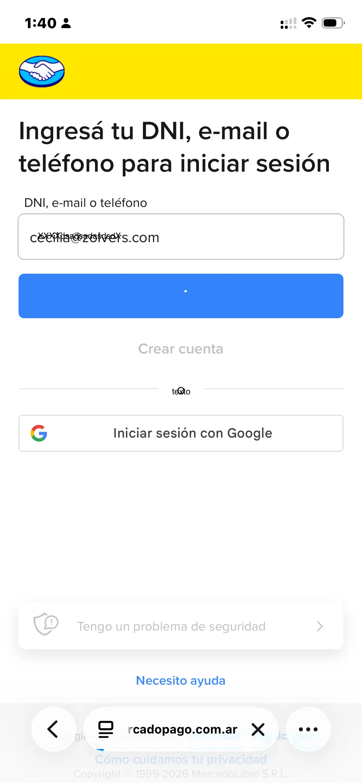 Iniciando sesión en Mercado Pago para conectar la cuenta